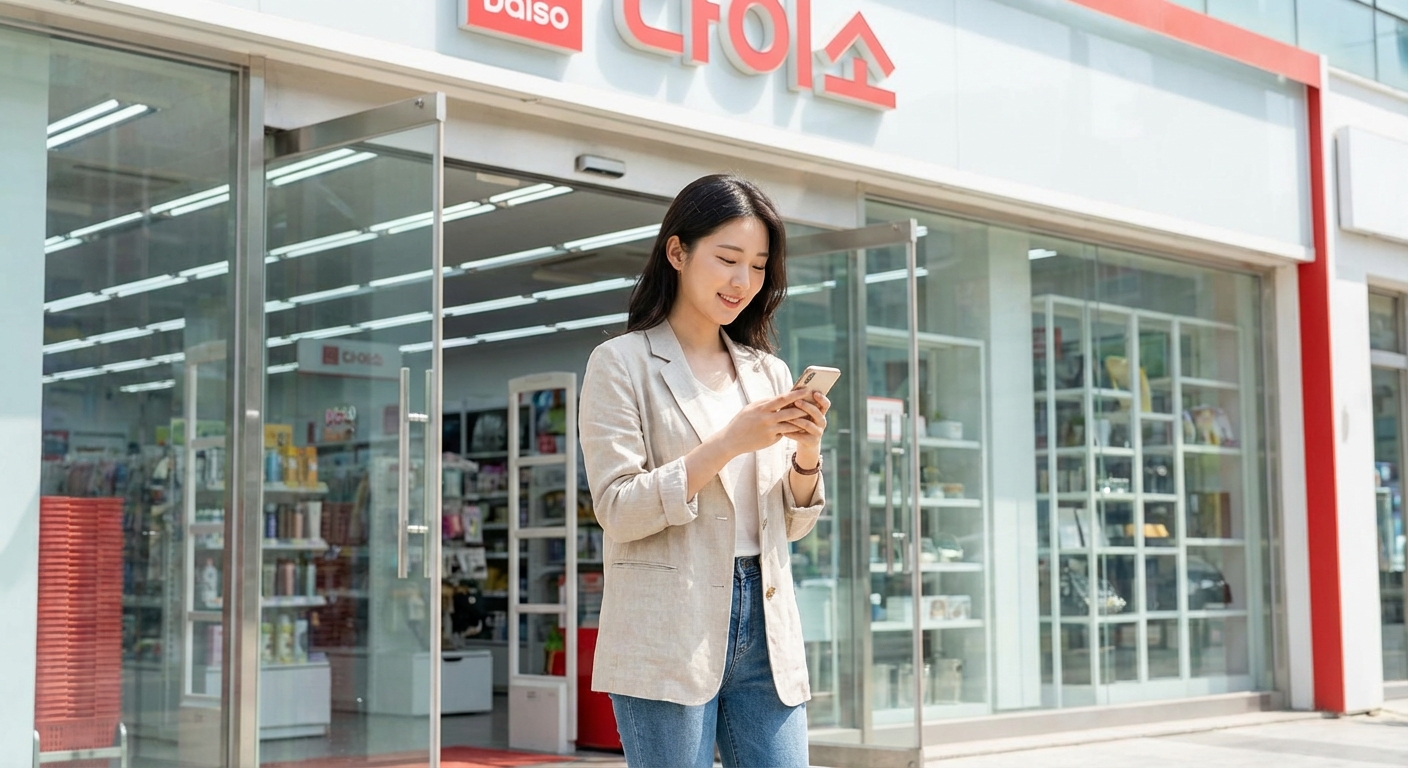 다이소 매장 앞에서 재고 확인하는 모습