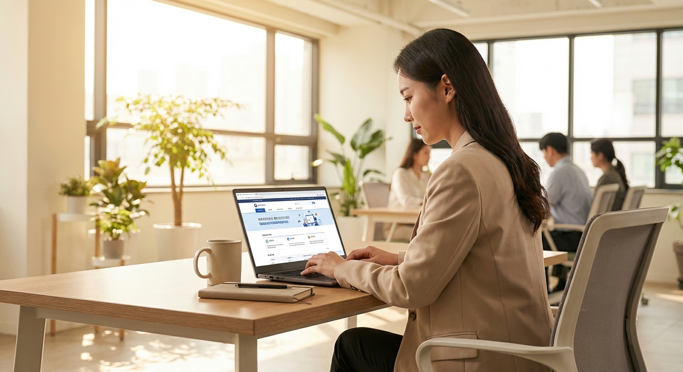 고용노동부 홈페이지 접속하는 직장인 모습