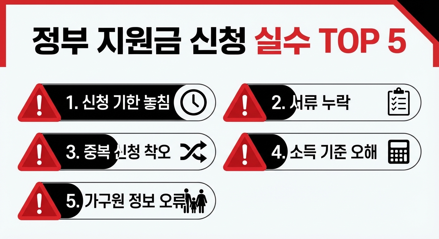 정부 지원금 신청 실수 5가지 인포그래픽