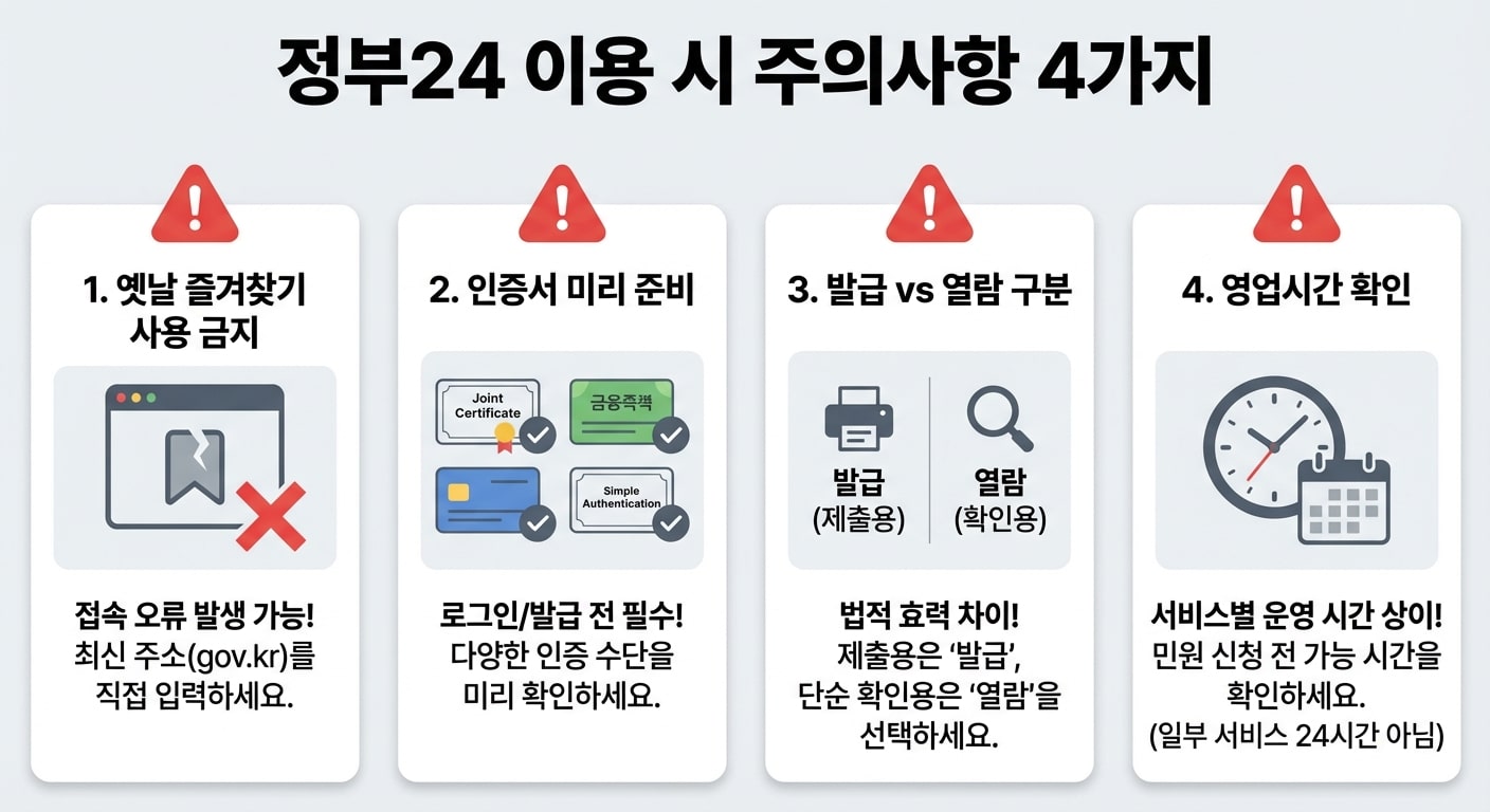 정부24 이용 주의사항 4가지 인포그래픽