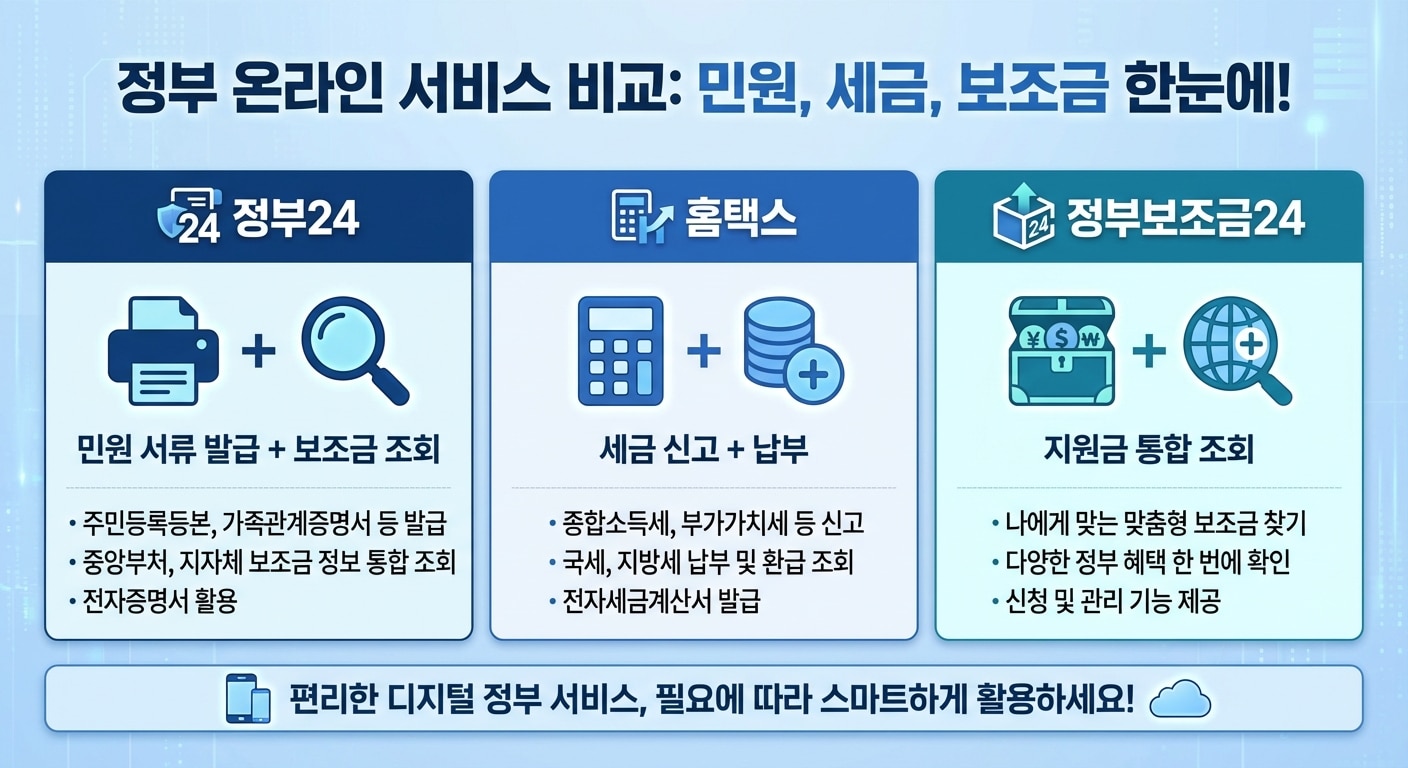 정부24 홈택스 보조금24 서비스 비교표