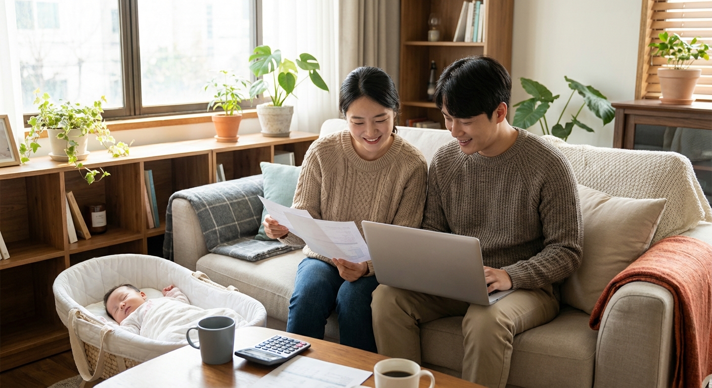 정부 출산지원금 서류 확인하는 가족
