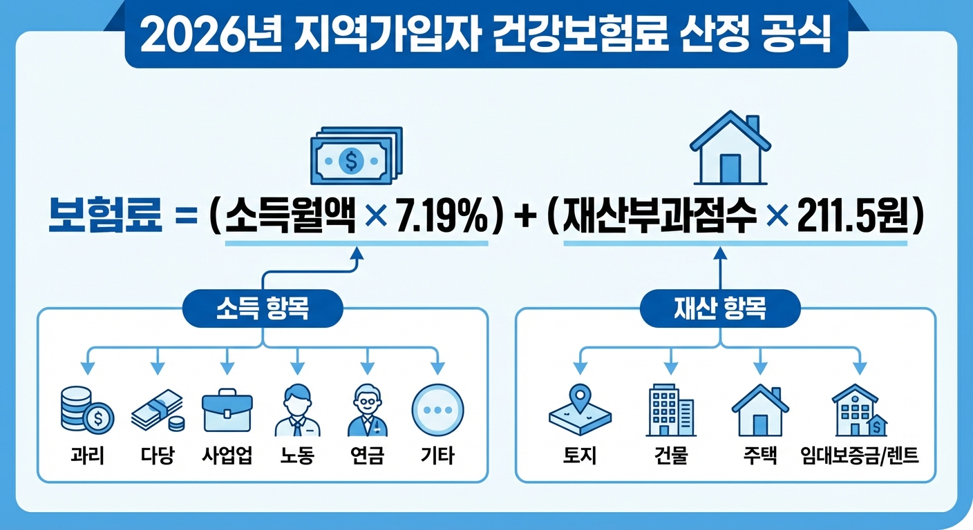 2026년 지역 건강보험료 산정 공식 인포그래픽