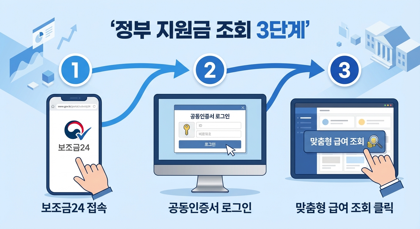 정부 지원금 조회 방법 3단계 인포그래픽