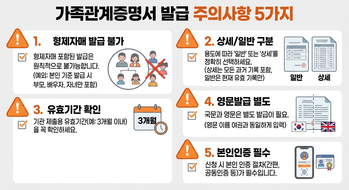 가족관계증명서 발급 주의사항 인포그래픽