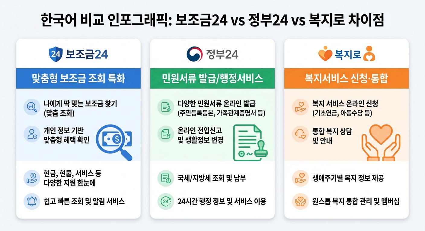 보조금24 정부24 복지로 비교 인포그래픽