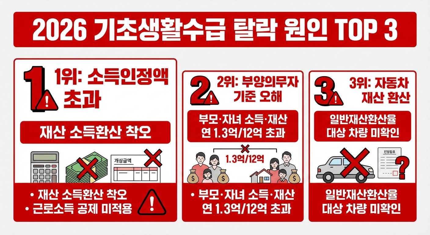 2026년 기초생활 수급비 탈락 원인 TOP 3 인포그래픽