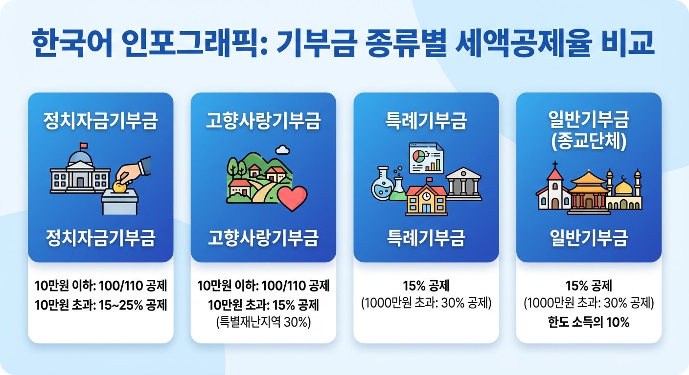 기부금 종류별 세액공제율 비교 인포그래픽