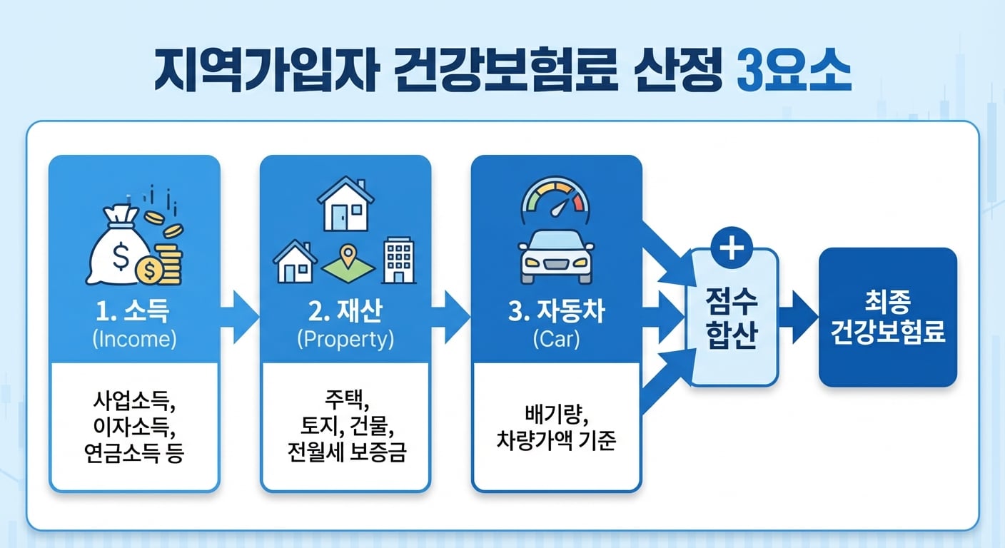 지역가입자 건강보험료 산정 3요소 인포그래픽