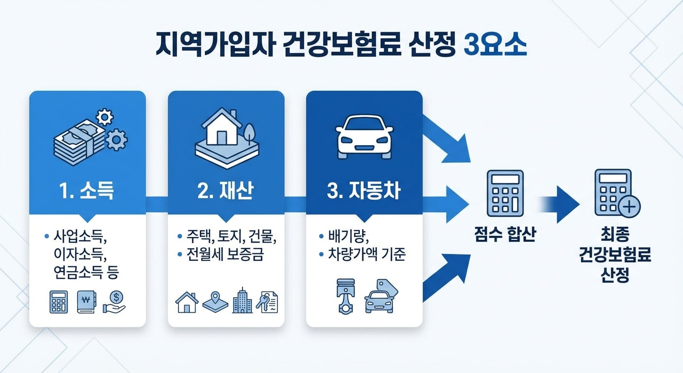 지역가입자 건강보험료 산정 3요소 인포그래픽