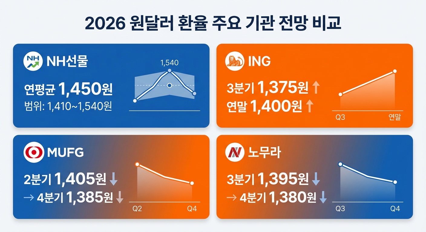 2026 원달러 환율 주요 기관별 전망치 비교 인포그래픽