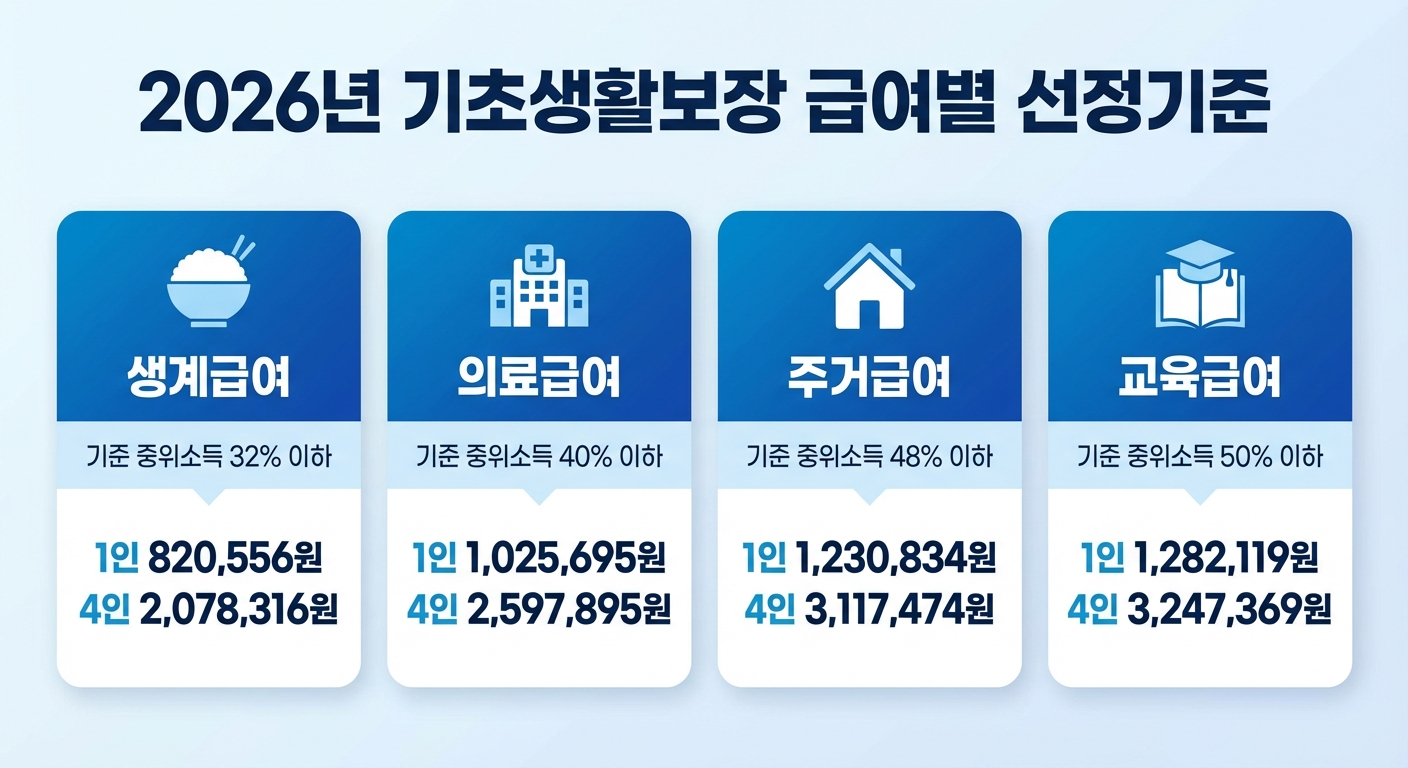 2026년 기초생활 수급비 급여별 선정기준 인포그래픽