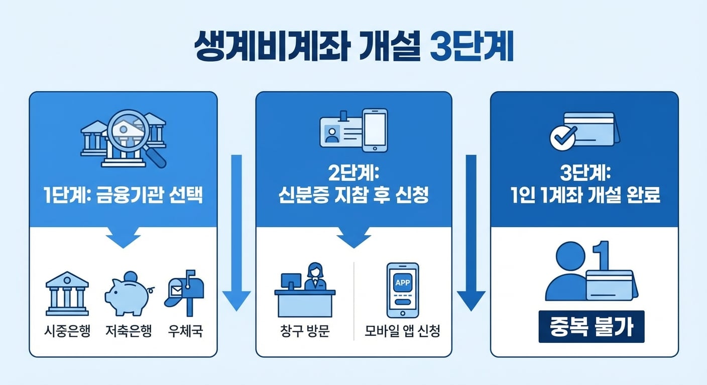 생계비계좌 개설 절차 3단계 인포그래픽