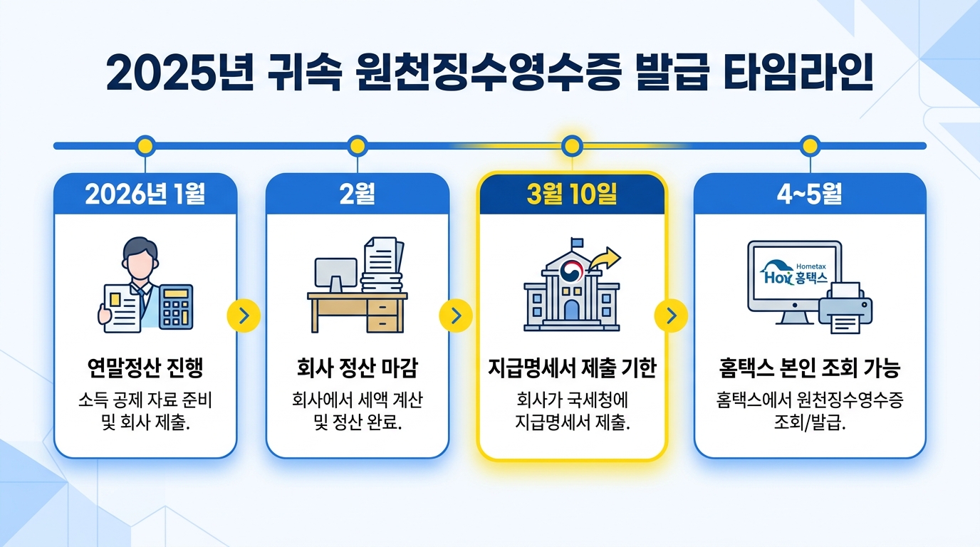 2025년 귀속 원천징수영수증 발급 가능 시기 타임라인 인포그래픽