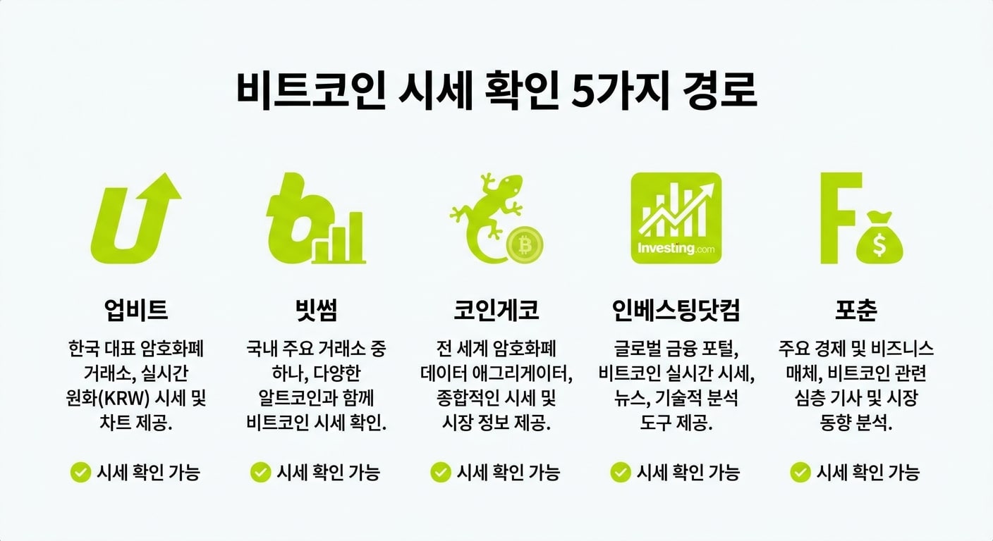 비트코인 시세 확인 5가지 경로 비교 인포그래픽