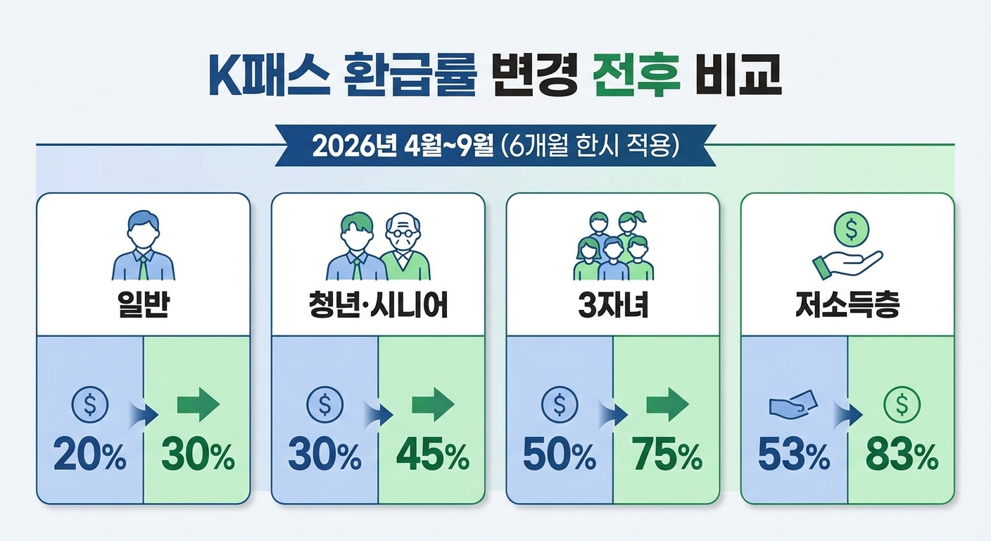 2026 추경 K패스 환급률 변경 전후 비교 인포그래픽