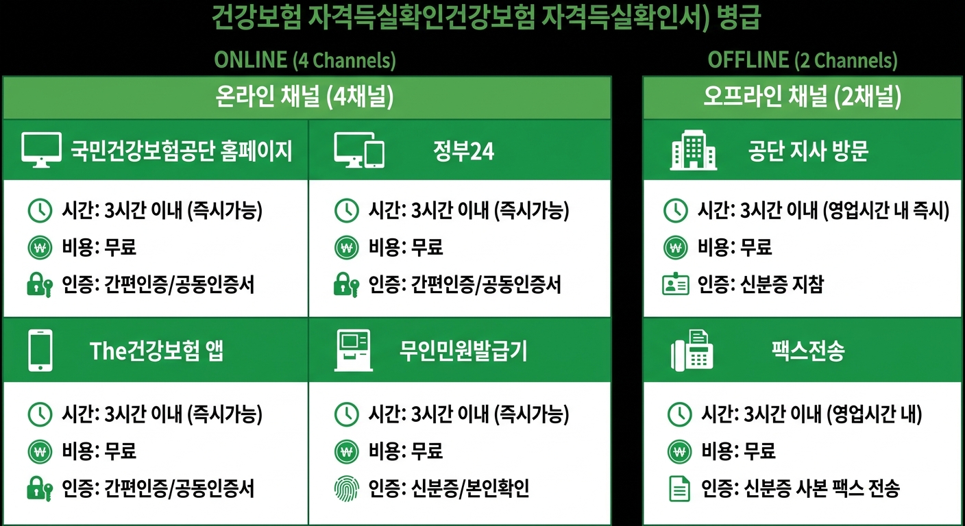 건강보험 자격득실확인서 6개 발급 채널 비교 인포그래픽
