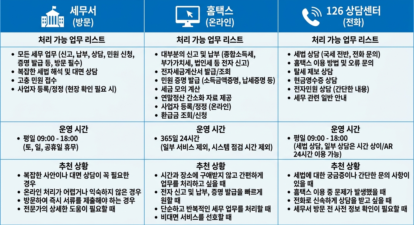 세무서 홈택스 126 상담센터 업무 비교 인포그래픽