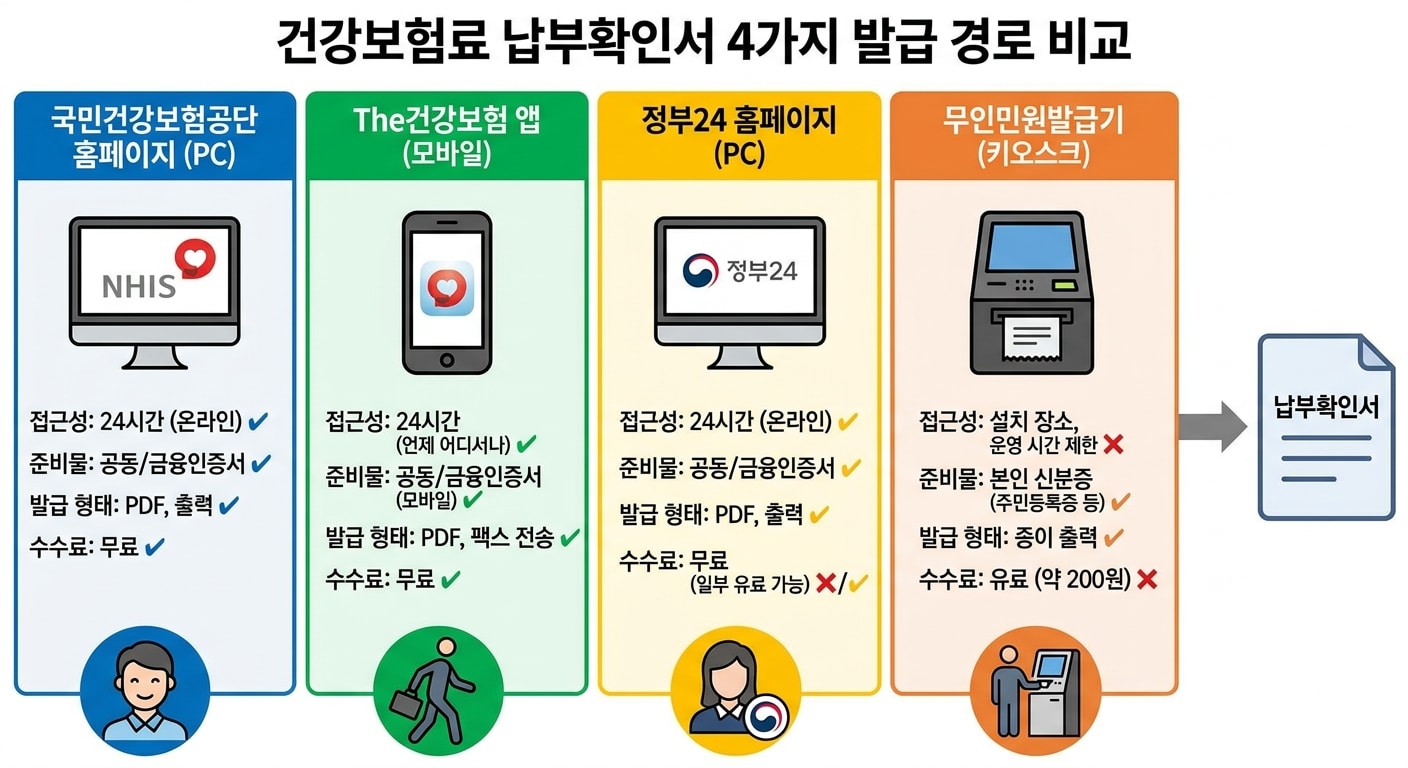 건강보험료 납부확인서 4가지 발급 경로 비교 인포그래픽