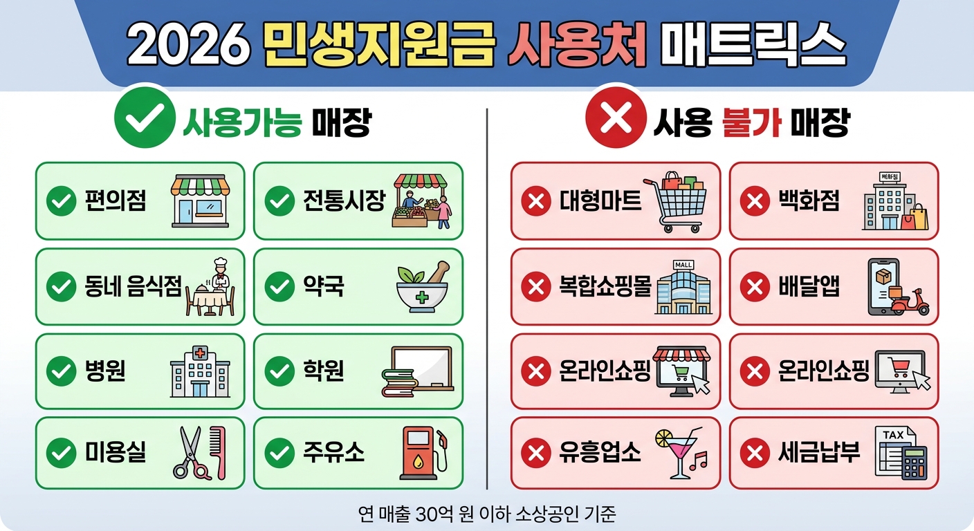 민생지원금 사용 가능 매장과 불가 매장 비교 인포그래픽