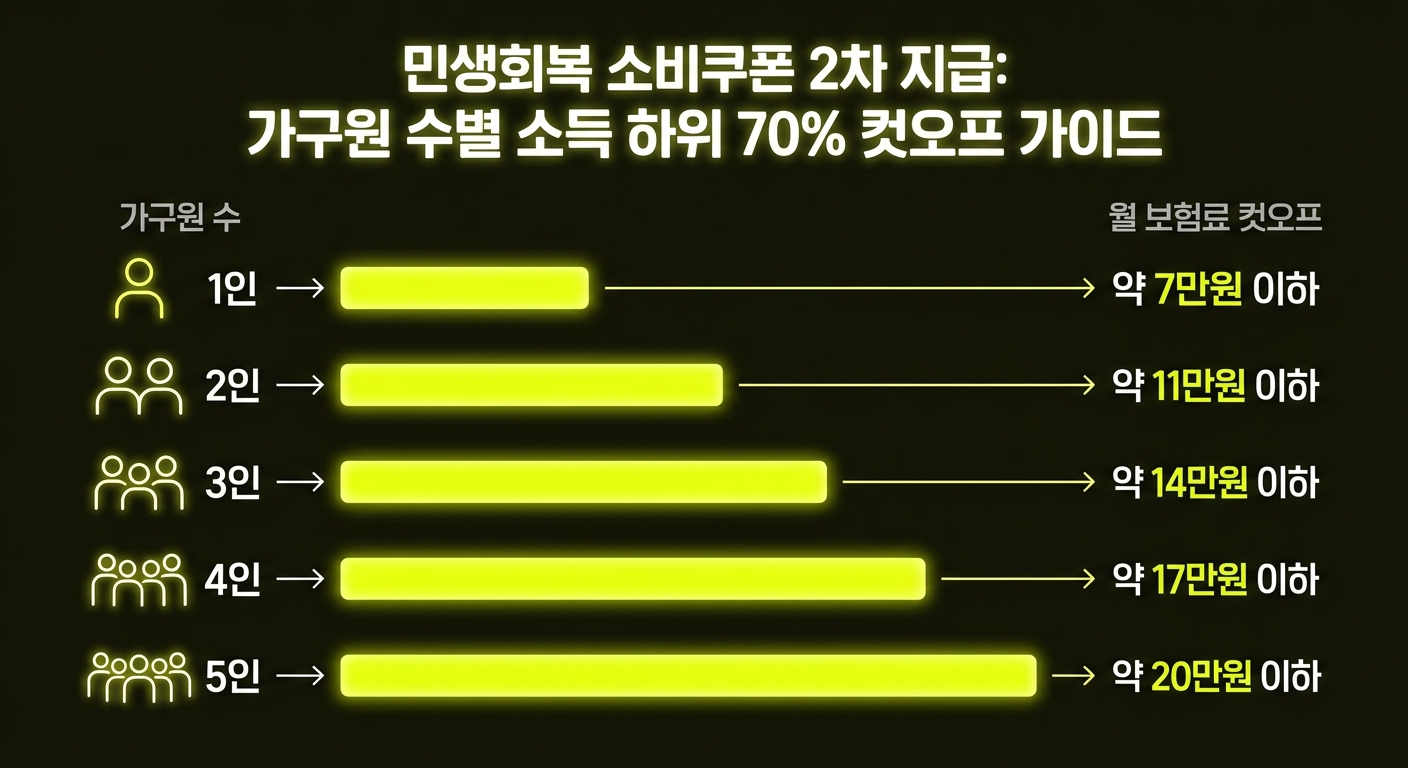민생회복 소비쿠폰 2차 가구원 수별 소득 하위 70% 컷오프 인포그래픽