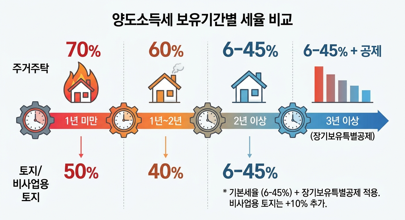 양도소득세 보유기간별 세율 비교 인포그래픽