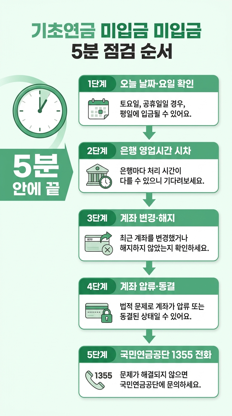 기초연금 미입금 시 5분 안에 확인하는 점검 순서 인포그래픽