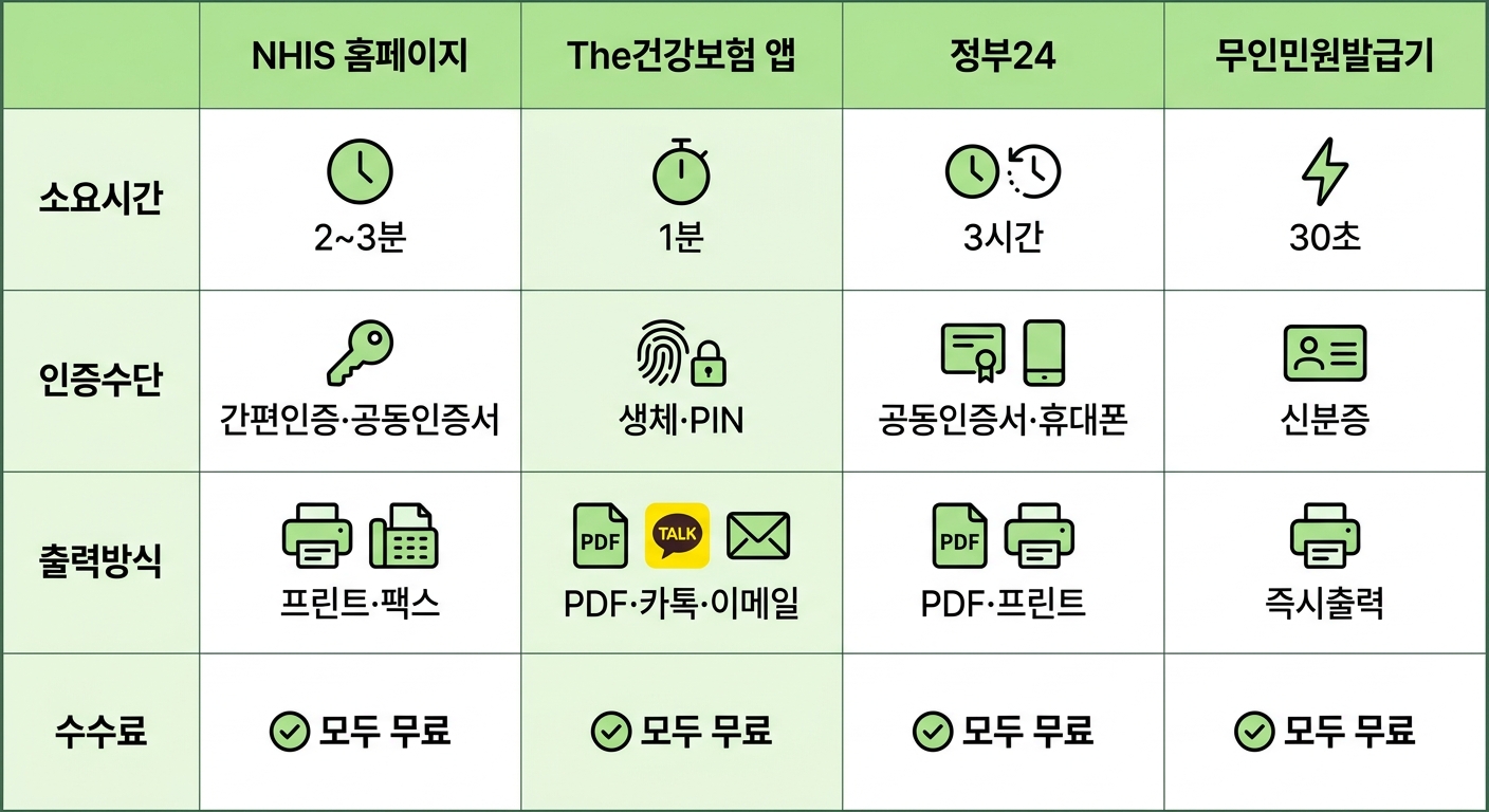건강보험료 납부확인서 4채널 비교 인포그래픽