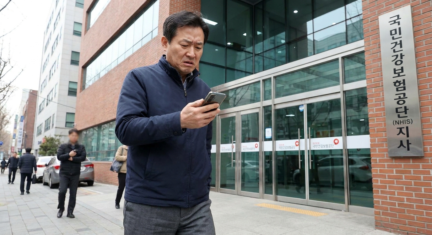 국민건강보험공단 지사 앞에서 스마트폰을 확인하는 직장인