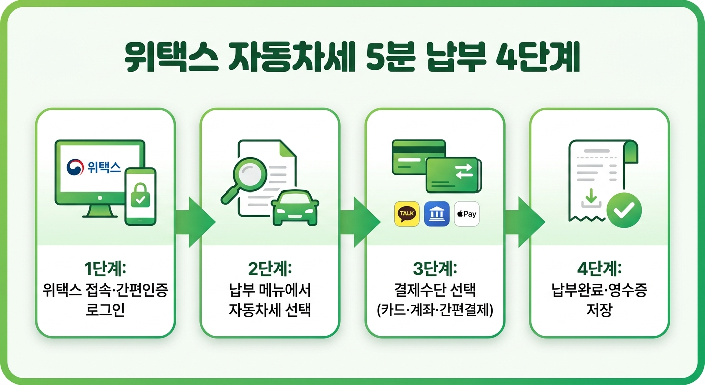 위택스 자동차세 5분 납부 4단계 인포그래픽