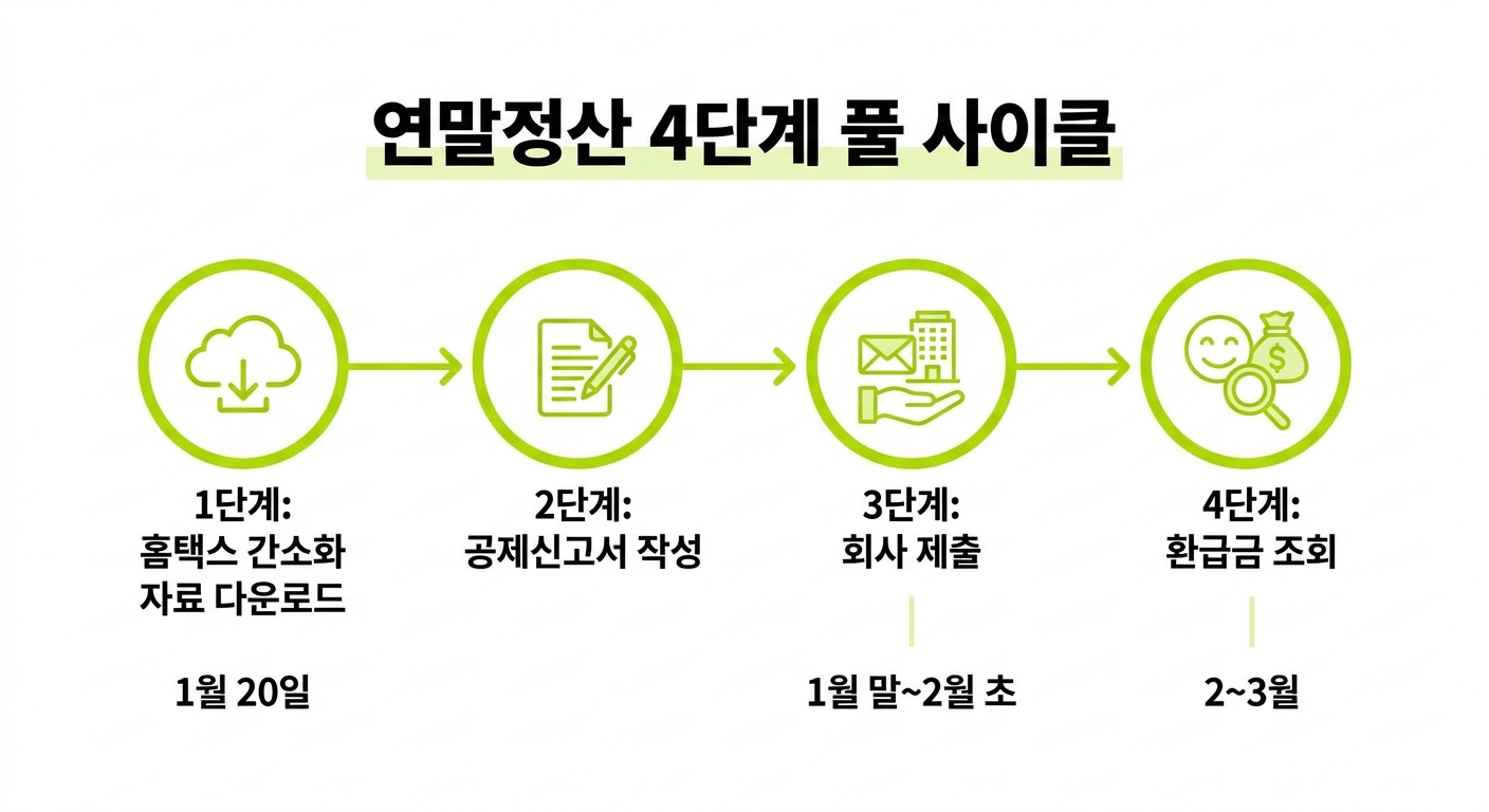 연말정산 4단계 풀 사이클 타임라인 인포그래픽