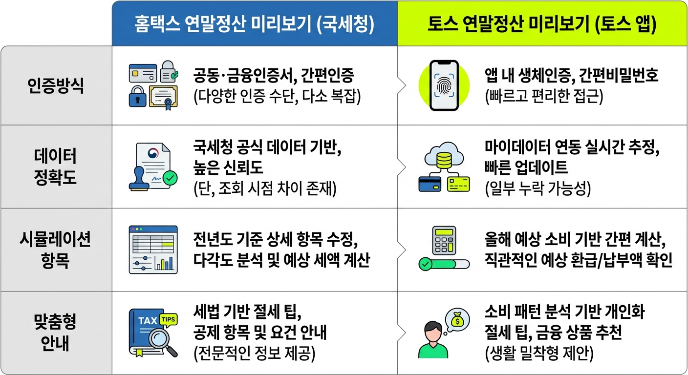 홈택스와 토스 연말정산 미리보기 4가지 항목 비교