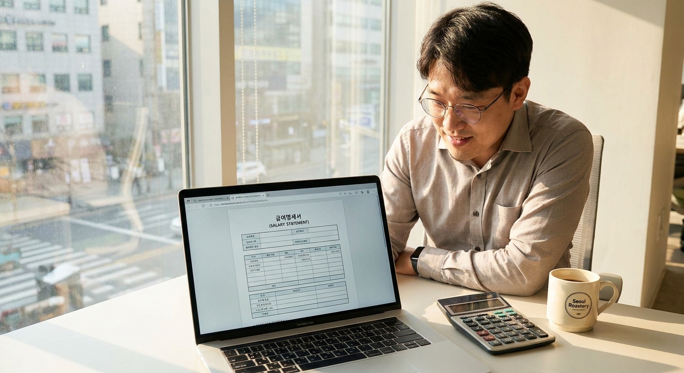 연봉 6000만원 직장인이 2026년 월급 실수령액을 계산하는 모습