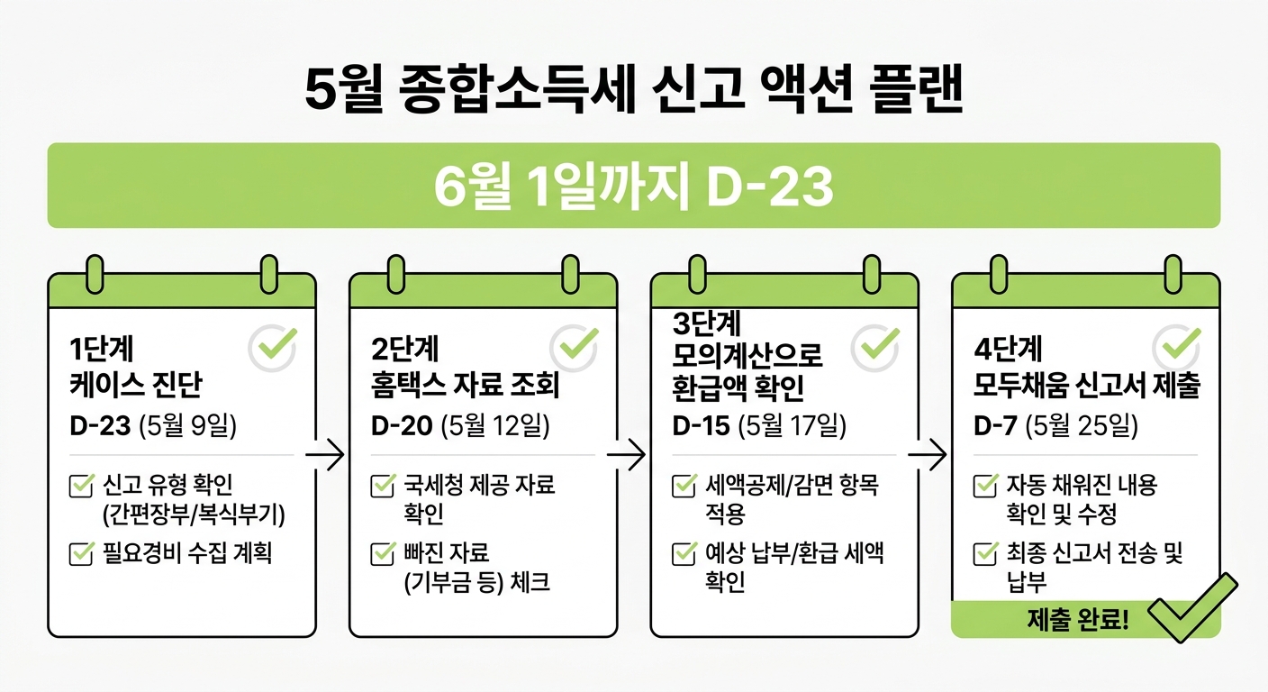 5월 종합소득세 신고 D-23 4단계 액션 플랜 타임라인