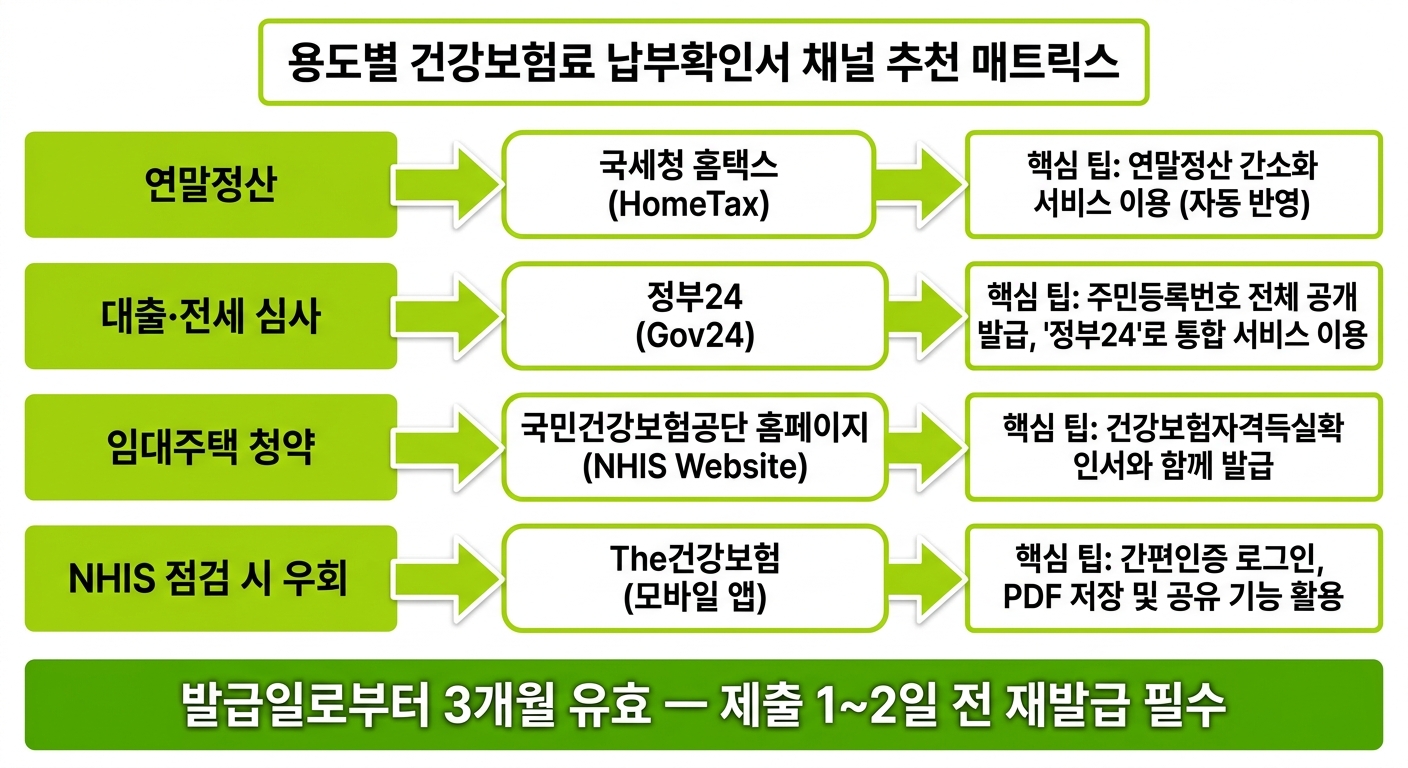 건강보험료 납부확인서 용도별 채널 추천 매트릭스와 3개월 유효기간 안내