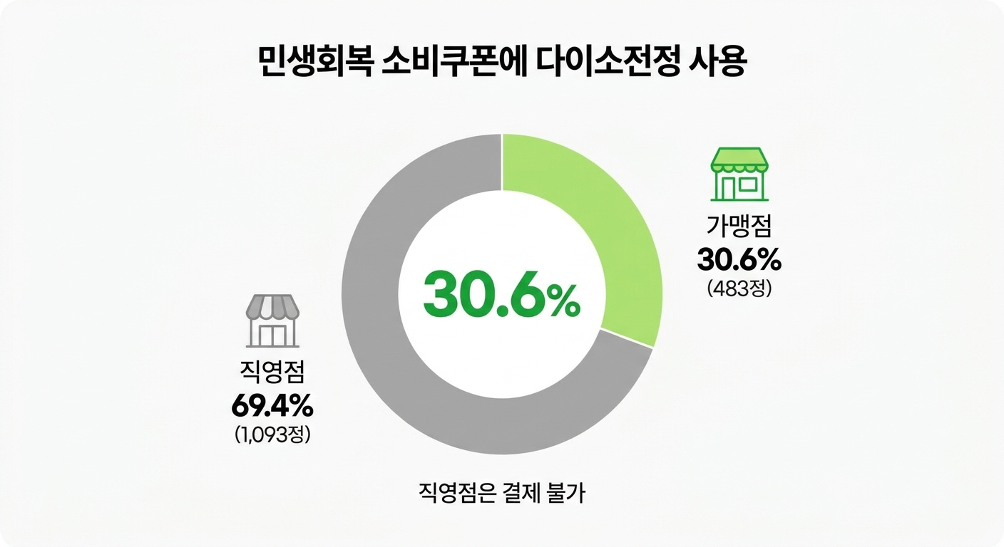 다이소 1576개 매장 중 민생지원금 사용 가능 가맹점 483곳 비율 인포그래픽