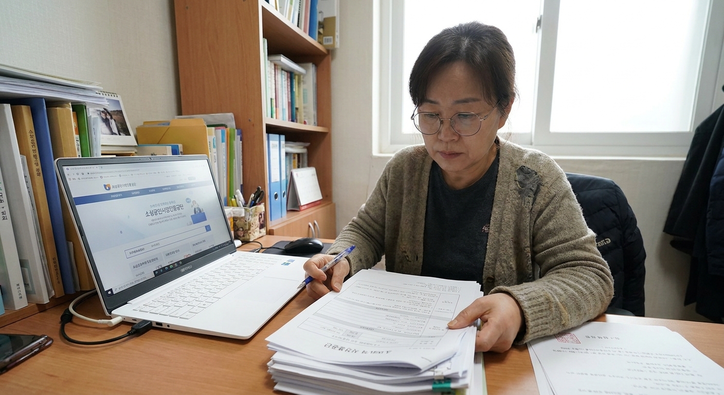 소상공인 정책자금 지원대상 확인서를 노트북으로 신청하는 사장님