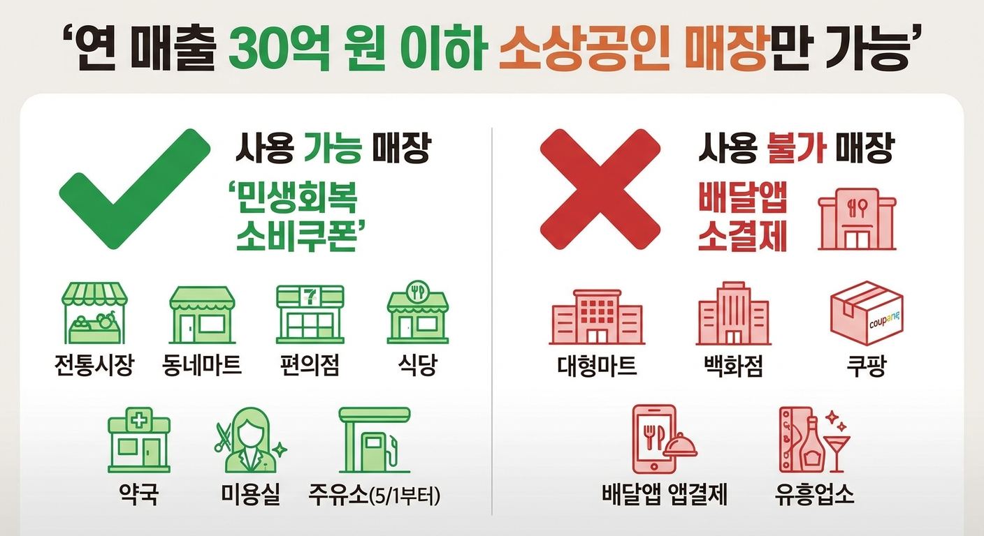 민생회복 소비쿠폰 사용 가능&middot;불가 매장 비교 인포그래픽