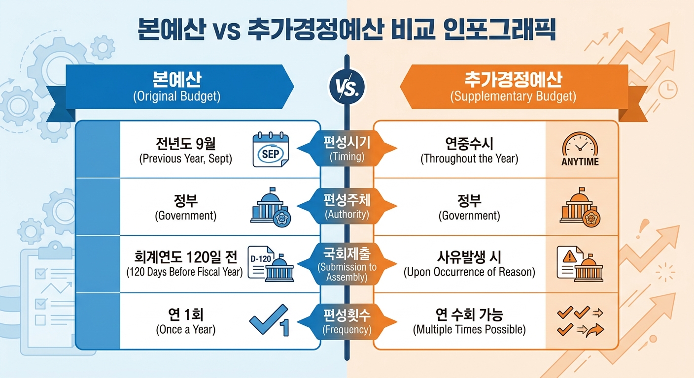 본예산과 추가경정예산의 4가지 차이점을 비교한 인포그래픽