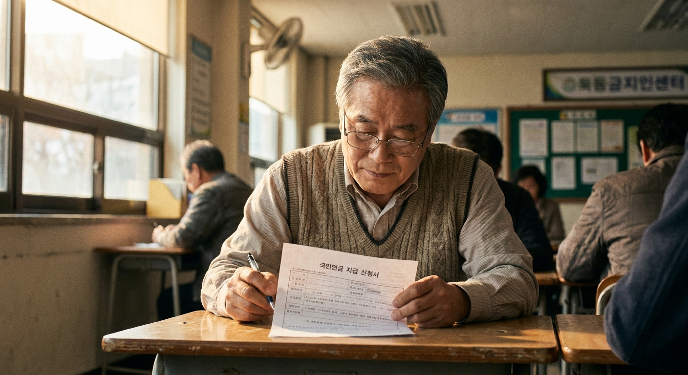 행정복지센터에서 기초연금 신청서를 작성하는 1961년생 어르신