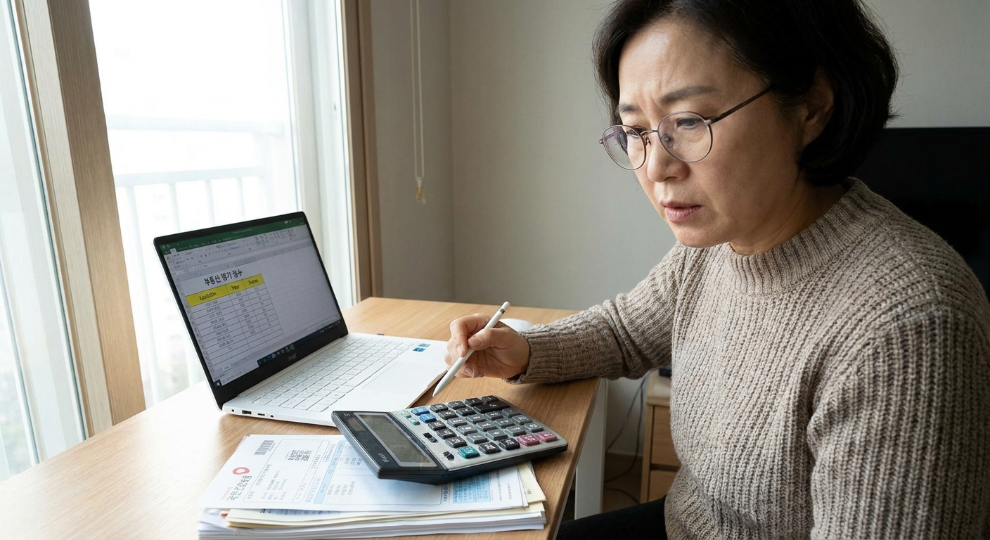 건강보험료 재산 점수 표를 직접 계산하는 모습