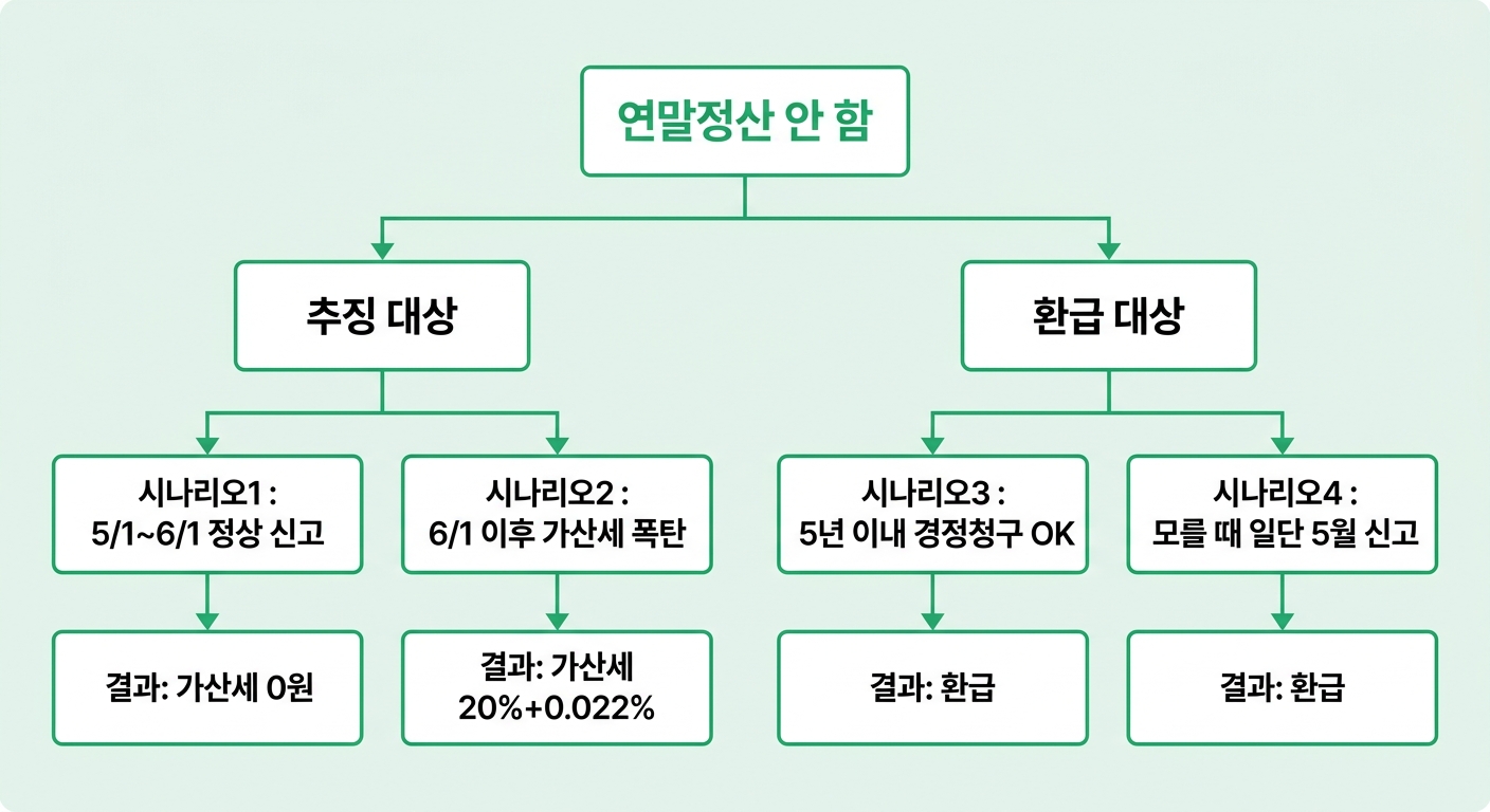 연말정산 안하면 추징·환급 케이스별 4가지 시나리오 분기 플로차트