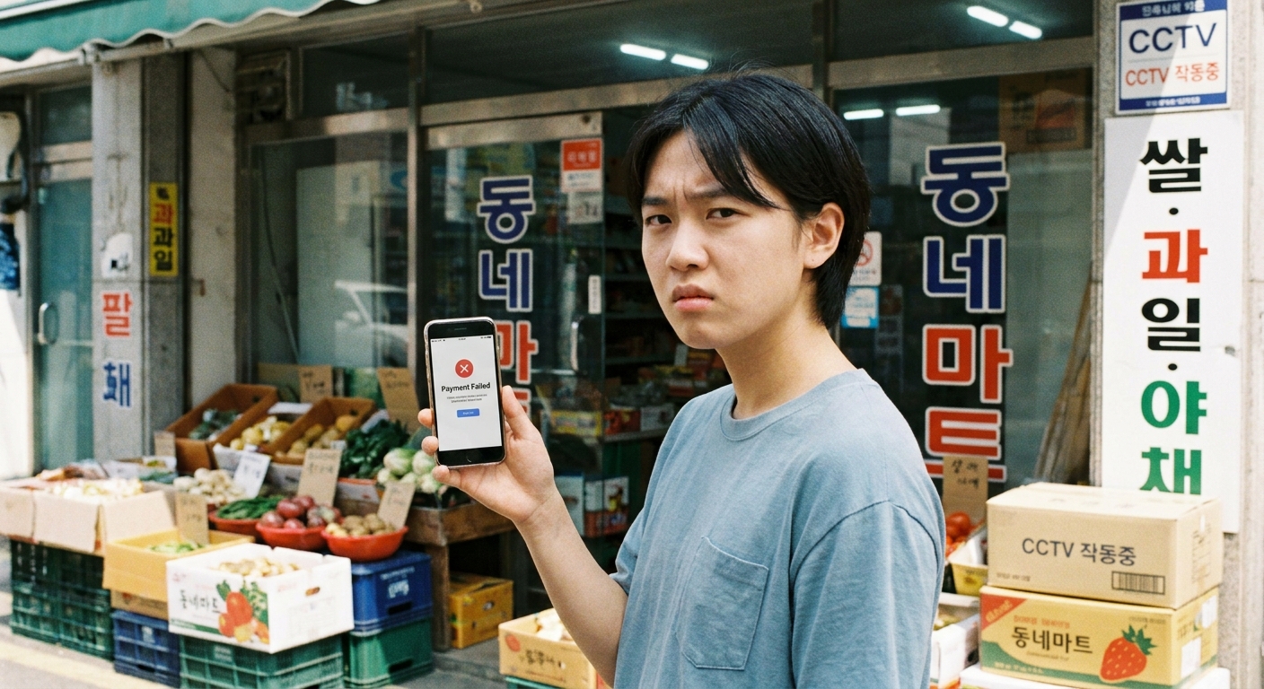 민생회복 소비쿠폰 사용처를 확인하며 동네마트 앞에서 결제하는 모습