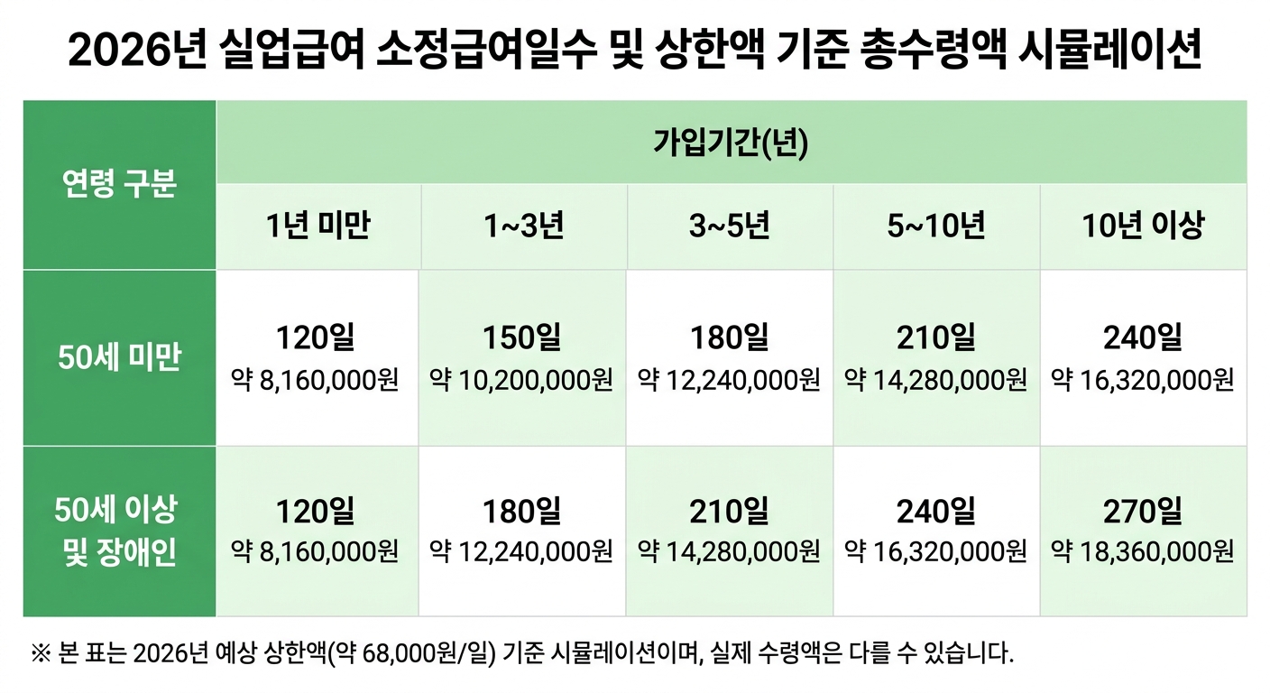 2026 실업급여 소정급여일수별 총 수령액 시뮬레이션 표