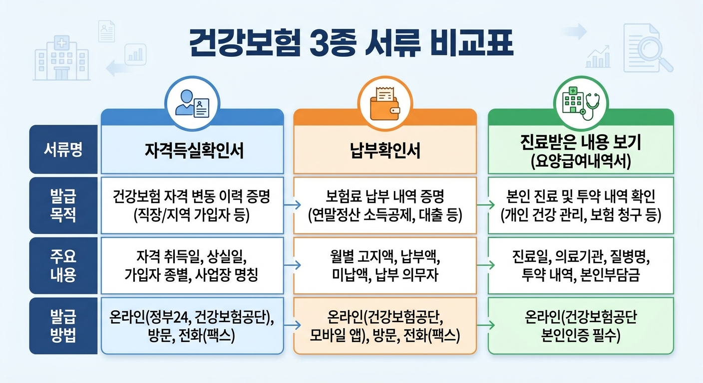 건강보험 자격득실확인서 납부확인서 자격확인서 3종 비교표