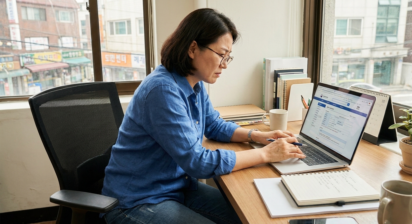 노트북으로 건강보험 EDI 가입 절차를 진행하는 소상공인 사업주