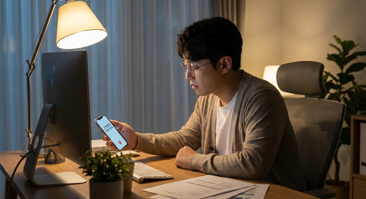 늦은 밤 국민건강보험공단 고객센터에 전화하는 직장인