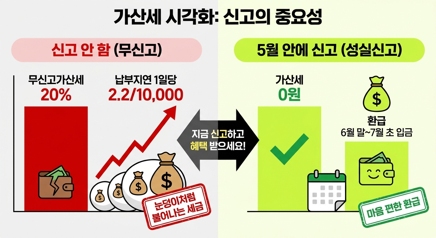 종합소득세 미신고 가산세 vs 정상 신고 환급 비교 인포그래픽