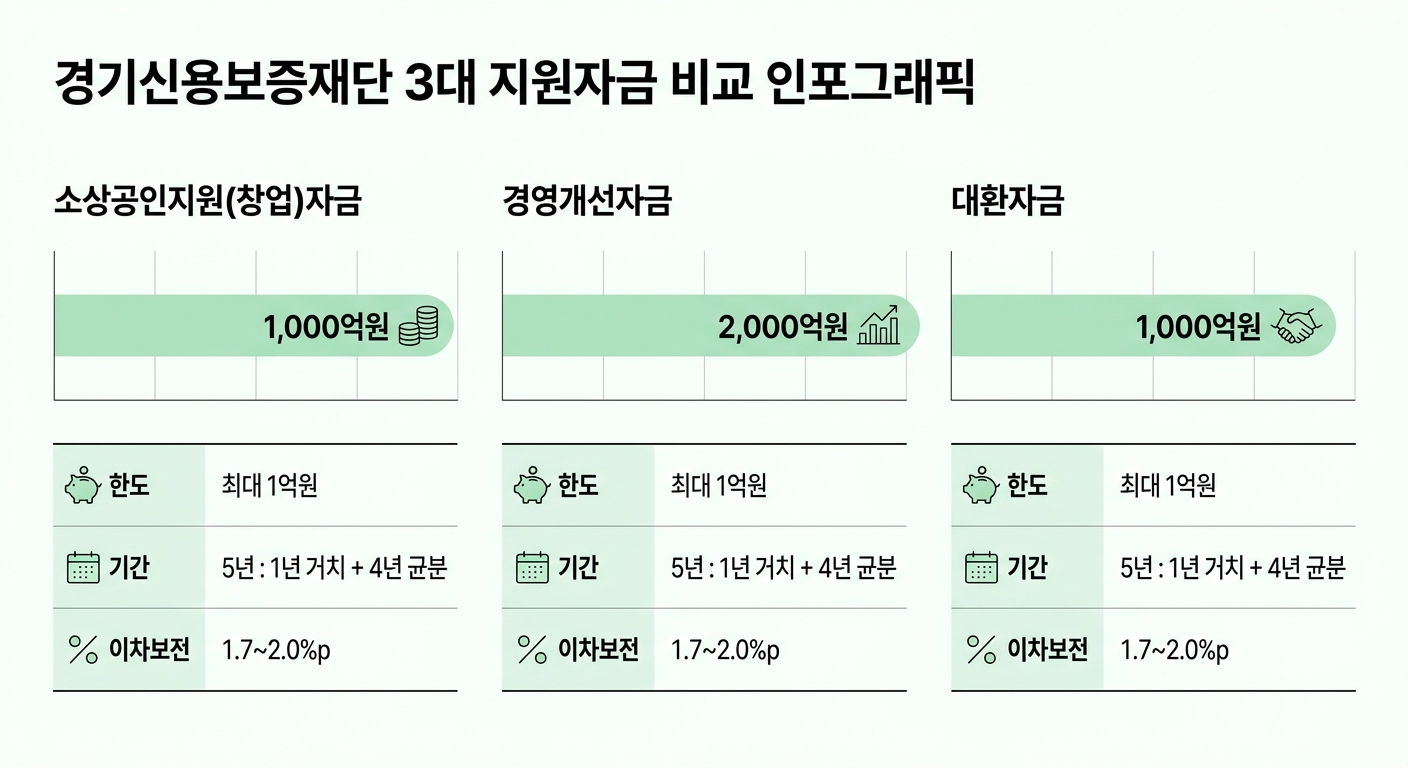 경기신용보증재단 3대 지원자금 규모와 조건 비교 인포그래픽