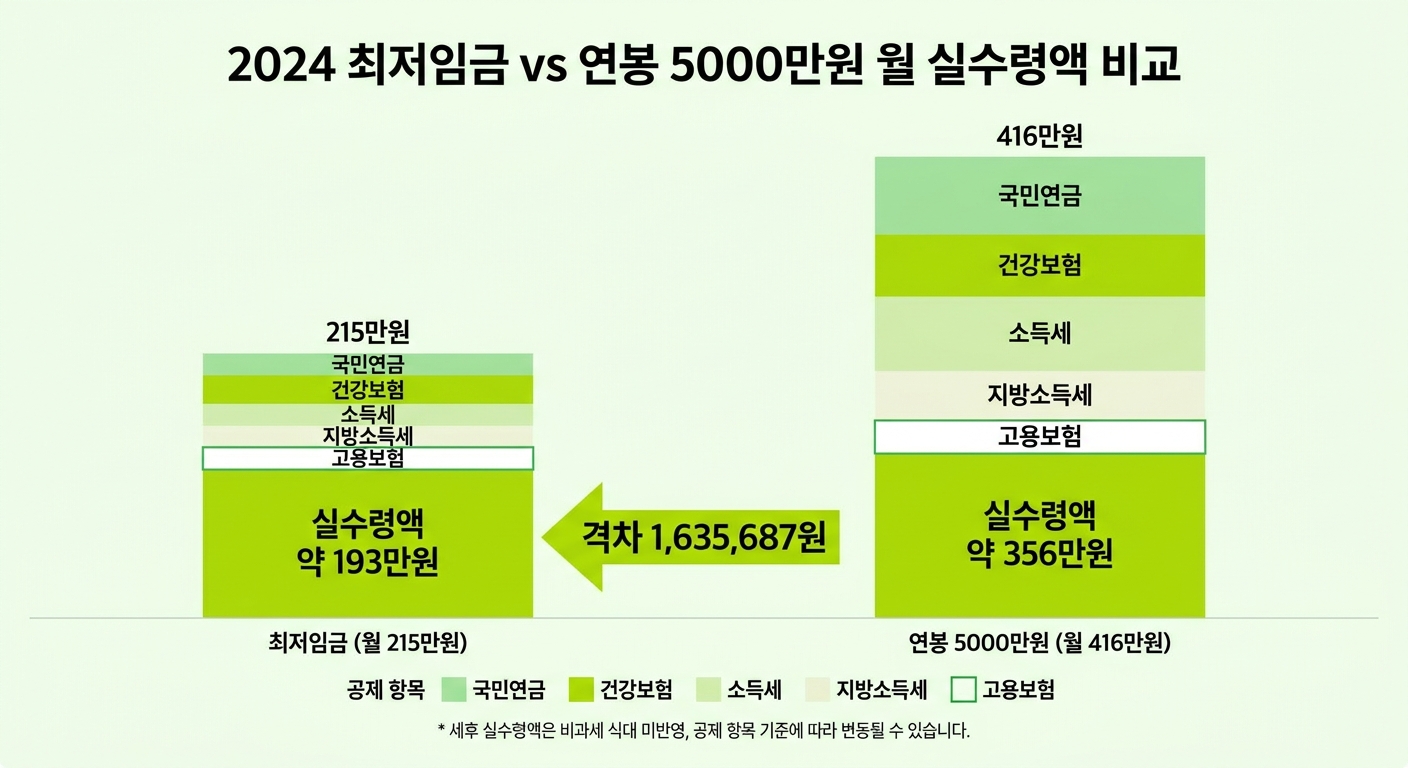 최저임금과 연봉 5천 월 실수령액 비교 인포그래픽